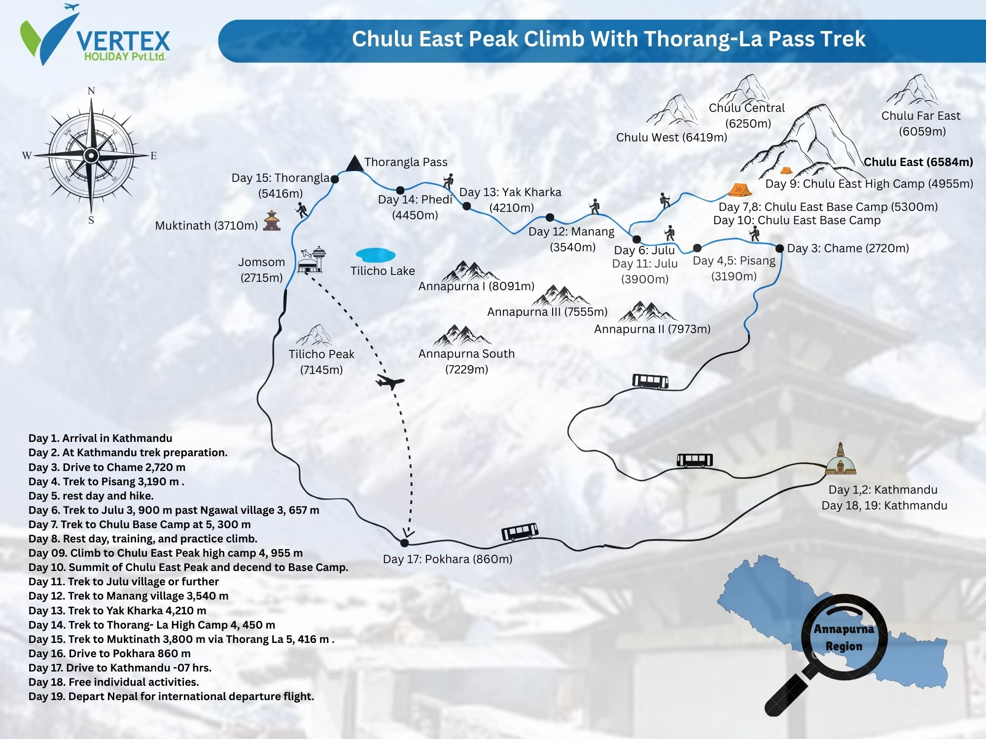 Chulu East Peak Climb With Thorang-La Pass Trek Map